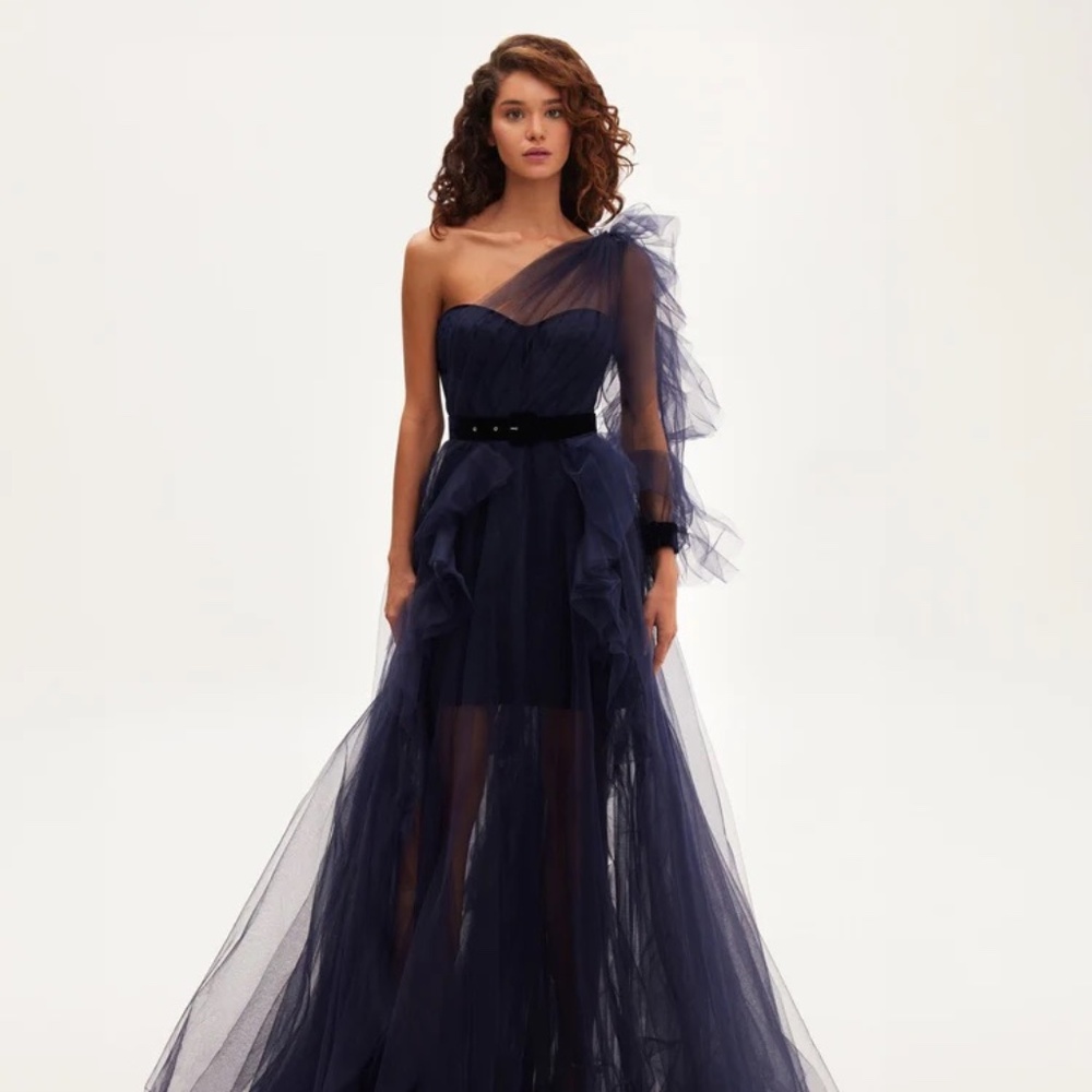 Milla Royal Navy tulle gown with detachable sleeve